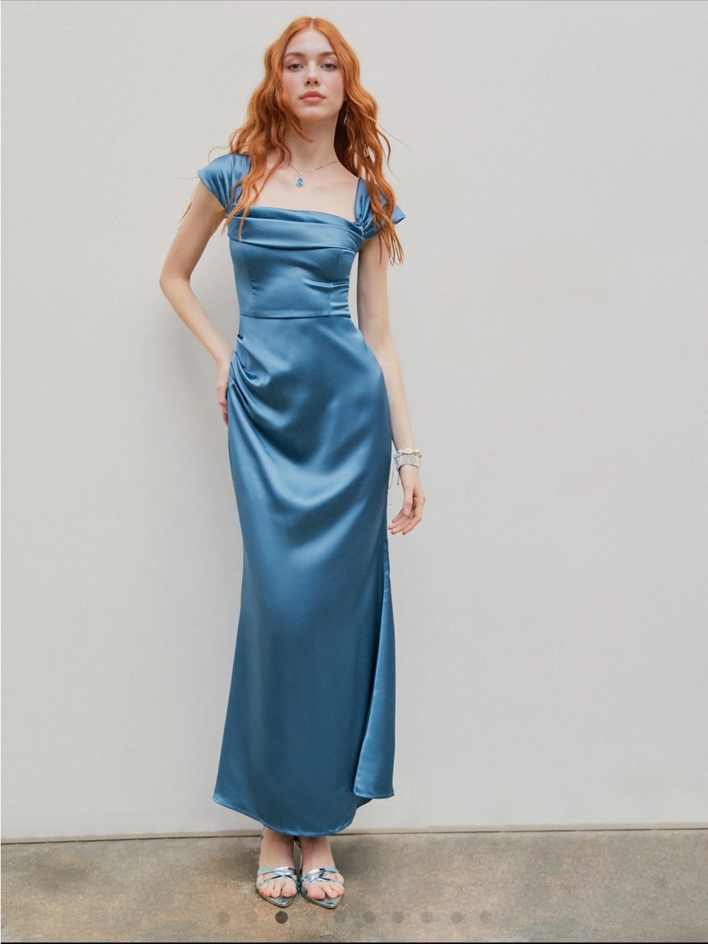 Cider Blue Satin Square-Neck Maxi Dress
